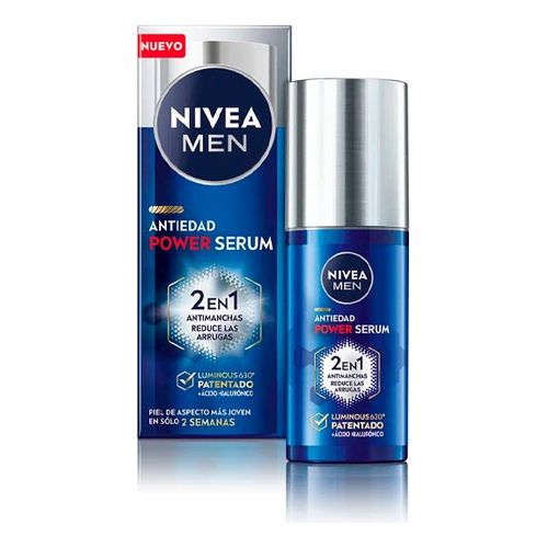 NIVEA MEN LUMINOUS 360° POWER SERUM in a sleek blue and silver bottle, featuring a pump dispenser, packaged in a matching box with bold white and red text.