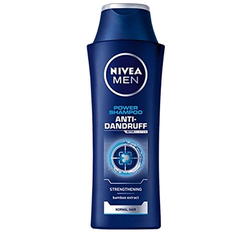 Nivea Men Power Shampoo Anti-Dandruff in a 250ml blue plastic bottle, featuring a sleek design, silver cap, and labels highlighting bamboo extract and strengthening properties.
