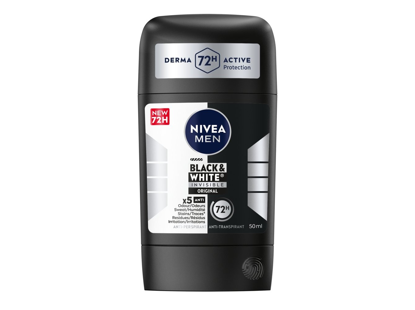 Nivea Men Black and White Invisible Original Deodorant Stick in a 50ml black and silver container, featuring a twist-up applicator and labeled with 72-hour anti-perspirant protection.