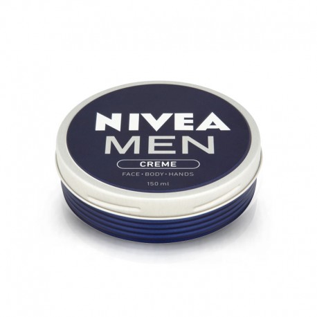 Round, navy blue tin container labeled "NIVEA MEN CREME" with white text, designed for face, body, and hands, holding 150 ml of cream.