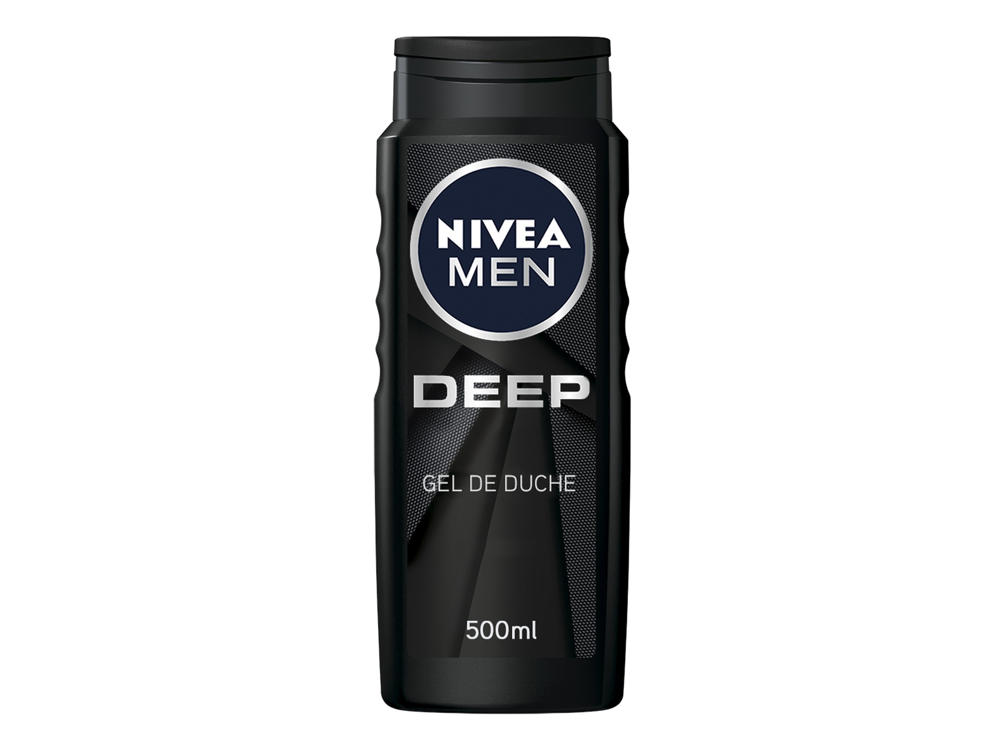 Black plastic bottle of Nivea Men Deep shower gel, featuring a prominent blue and white logo, textured grip, and 500ml capacity label.