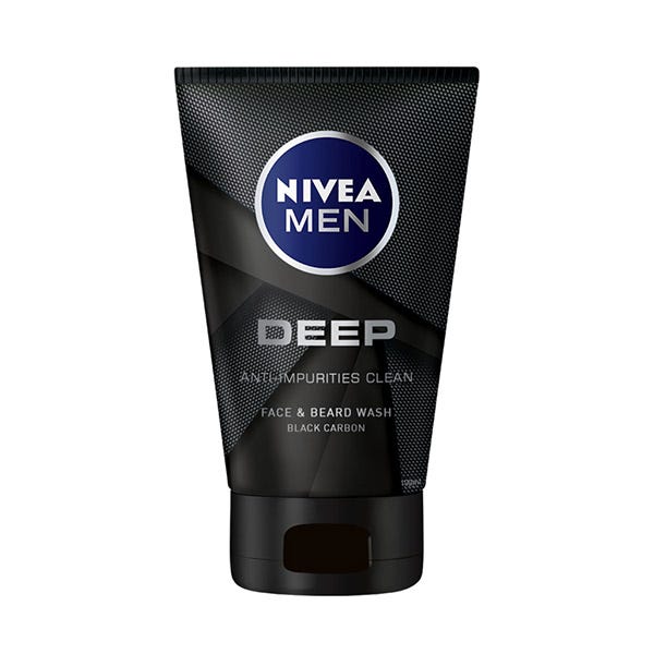 Black squeeze tube of Nivea Men Deep Face & Beard Wash, featuring a textured design, blue logo, and the text "ANTIIMPURITIES CLEAN" prominently displayed.
