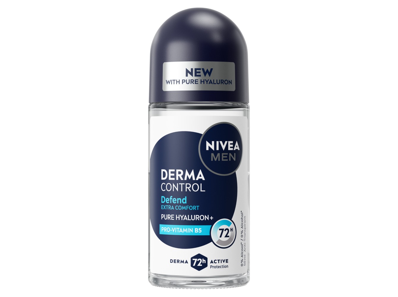 Nivea Men Derma Control Defend roll-on deodorant in a clear 50ml bottle, featuring a dark blue cap and labels highlighting "NEW," "Pure Hyaluron+," and "72h Active Protection."