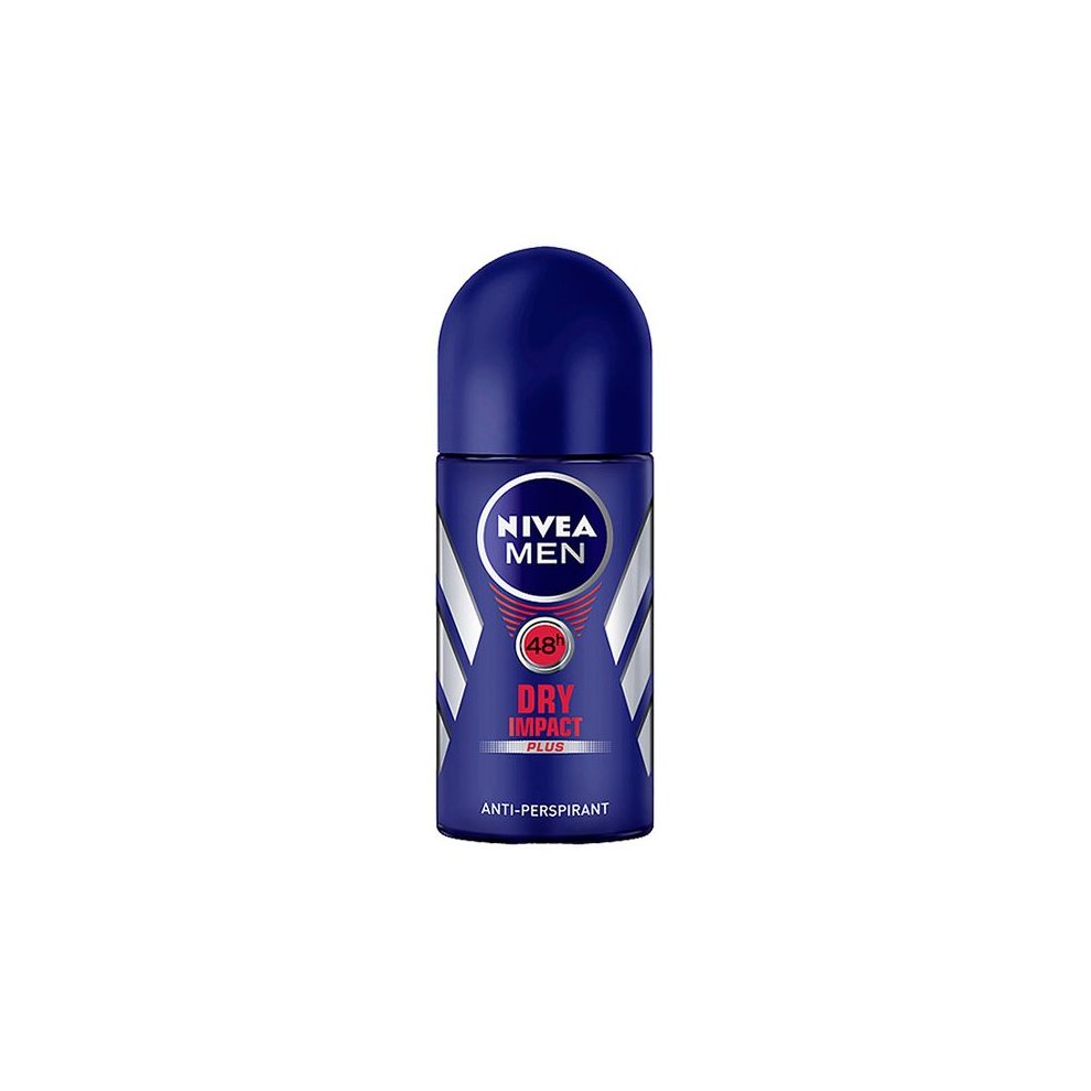 Nivea Men Dry Impact Plus roll-on deodorant in a 50 ml blue bottle, featuring a sleek design with white stripes and a prominent Nivea logo, labeled as anti-perspirant for 48-hour protection.