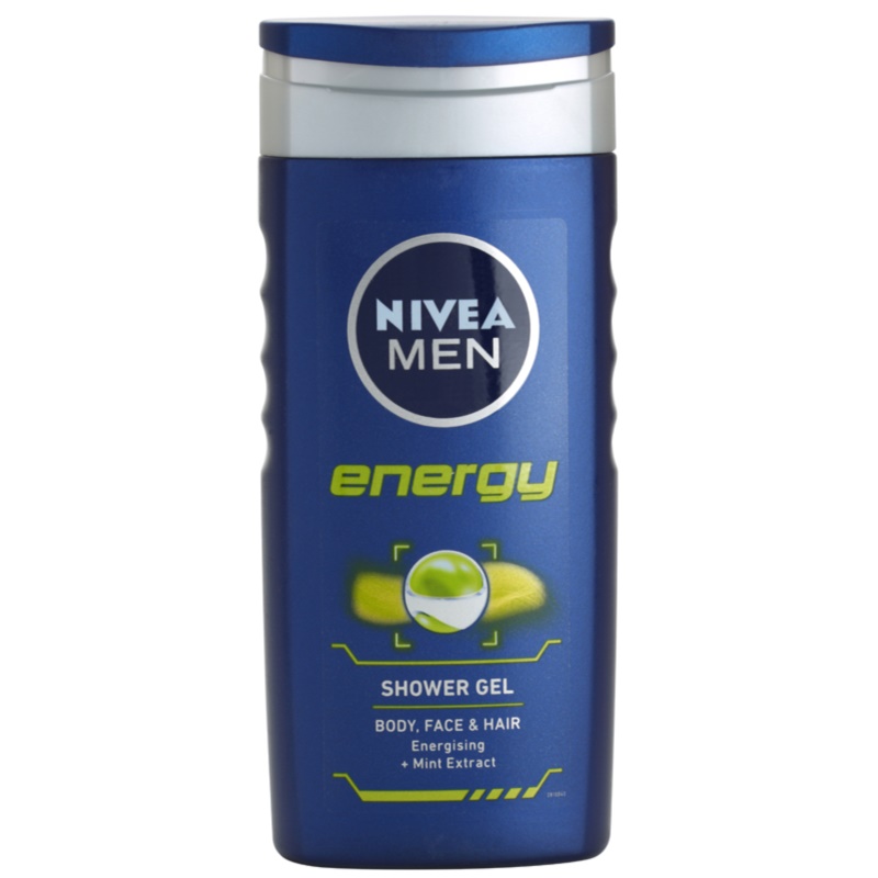 Nivea Men Energy Shower Gel in a blue plastic bottle, featuring a green label with "Energy" and "Shower Gel" text, designed for body, face, and hair, with mint extract.