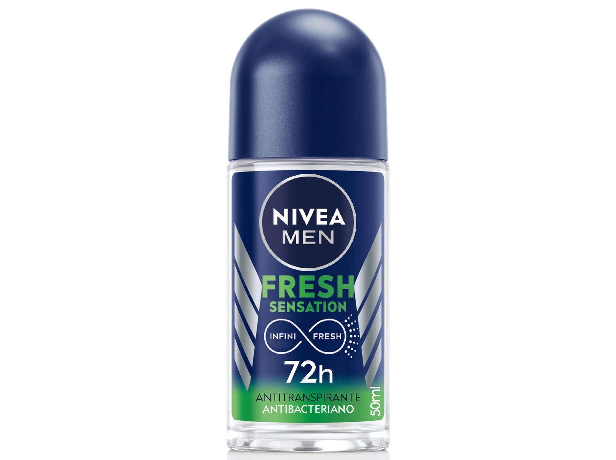Nivea Men Fresh Sensation 50ml roll-on deodorant with a blue cap, clear bottle, and green accents, featuring "72h" and "antibacterial" labels.