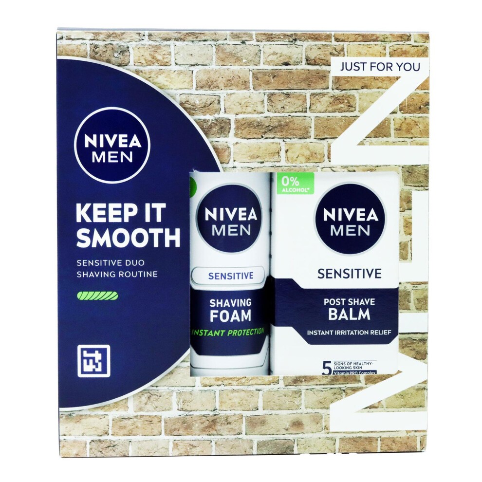 Nivea Men Keep It Smooth Sensitive Duo Shaving Set featuring a blue and white box containing shaving foam and post-shave balm, both designed for sensitive skin.