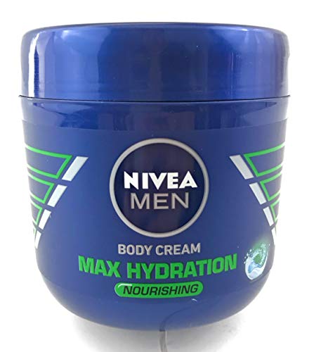 Nivea Men Max Hydration Body Cream in a blue jar with green accents, featuring a label that highlights "Max Hydration" and "Nourishing," size 13.5 oz.
