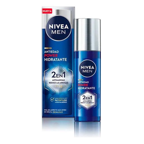 Nivea Men 2 in 1 Anti-Aging and Anti-Dark Spot Face Moisturizer SPF 30 in a sleek blue bottle with a silver pump, packaged in a matching blue box featuring white text.