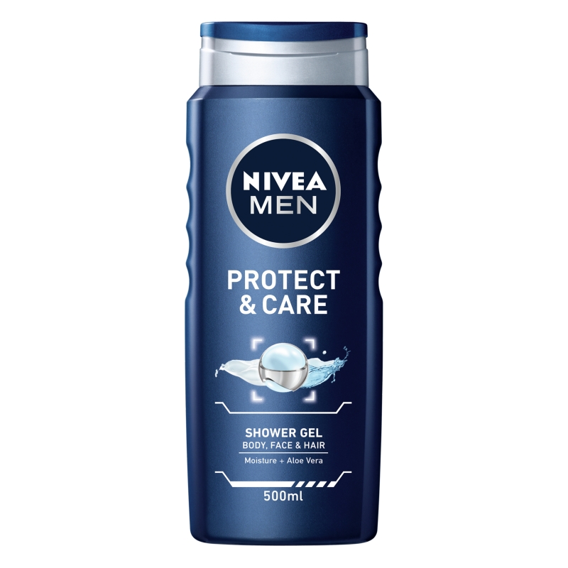 Nivea Men Protect & Care Shower Gel in a 500ml blue bottle with a sleek design, featuring a silver cap and text highlighting moisture and aloe vera benefits.