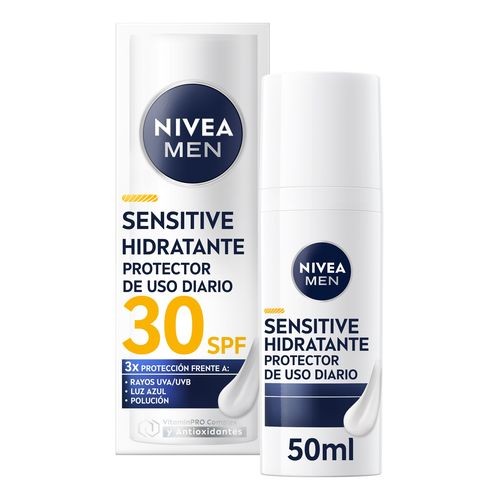 Nivea Men Sensitive Moisturizing Cream in a white and blue tube, featuring SPF 30, 50ml size, with text highlighting daily protection against UV rays and pollution.