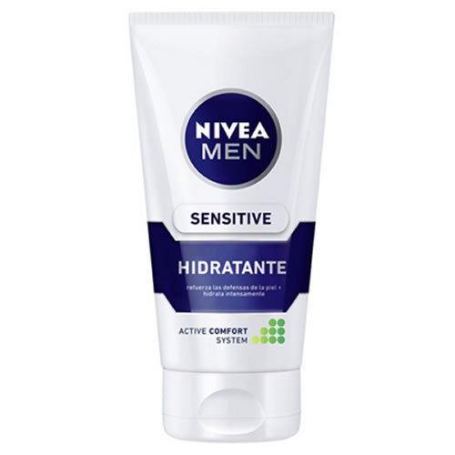 White tube with a blue and white label, featuring "NIVEA MEN" and "SENSITIVE" in bold text, containing 75ml of moisturizing cream designed for sensitive skin.