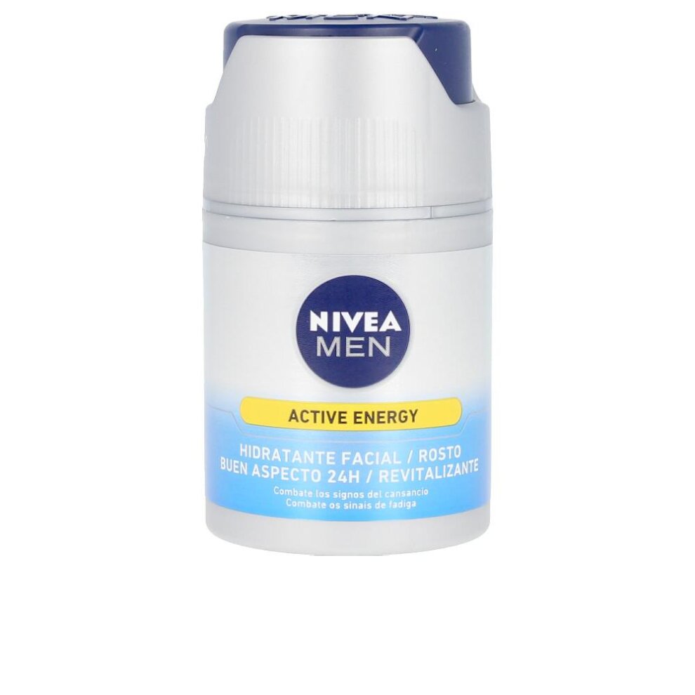 Nivea Men Skin Energy Q10 moisturizer in a 50 ml white and blue container with a gray cap, featuring "Active Energy" and "Hidratante Facial" labels for revitalizing skin.