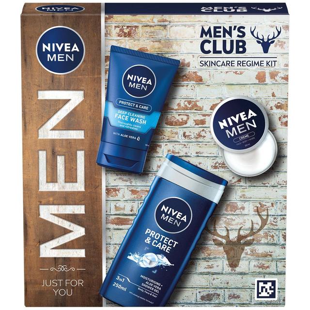Nivea Men Skincare Regime Kit Gift Set featuring a blue face wash tube, a cream container, and a protective care bottle, all packaged in a stylish box with a rustic wood design.