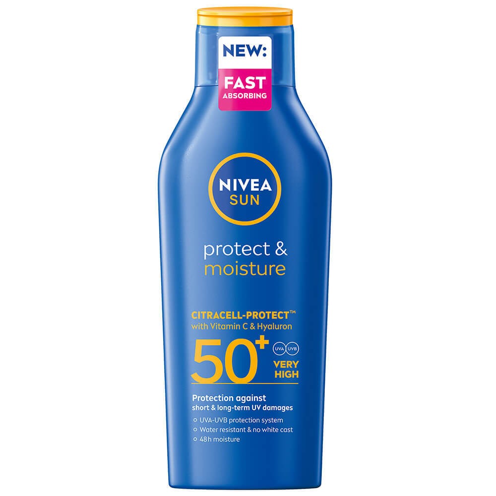 Nivea Protect & Moisture Lotion SPF50+ in a clear 400ml bottle, featuring a blue design, "NEW" label, and key ingredients like Vitamin C and Hyaluron for sun protection.