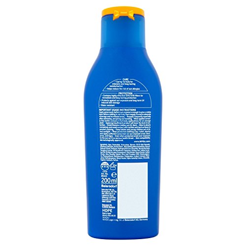Nivea Protect & Moisture SPF 15 lotion in a clear blue plastic bottle with a yellow flip-top cap, featuring product details and usage instructions on the back.