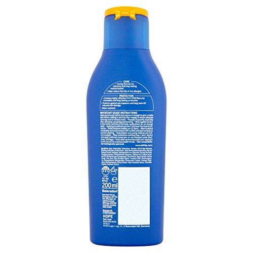 Nivea Protect & Moisture SPF 20 lotion in a blue plastic bottle with a yellow flip-top cap, featuring white text on the back for usage instructions and product details.