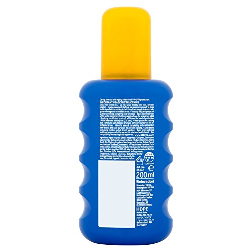 Bright blue spray bottle with a textured grip, yellow cap, and white label, containing 200ml of Nivea Sun Spray SPF30, designed for sun protection.