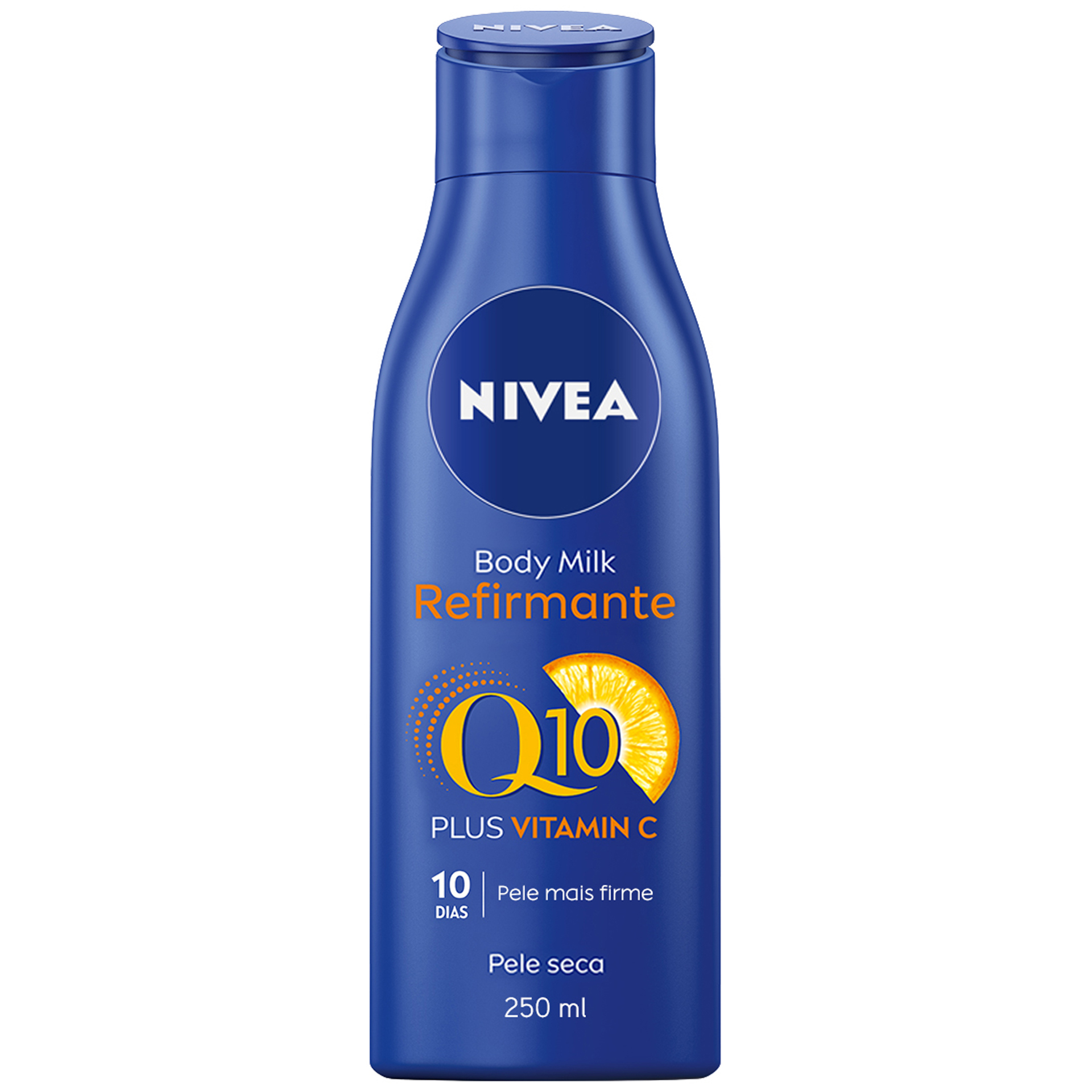 Blue bottle of Nivea Q10 Firming Body Cream with Vitamin C, featuring a yellow orange graphic, 250ml size, and text highlighting firming benefits for dry skin.