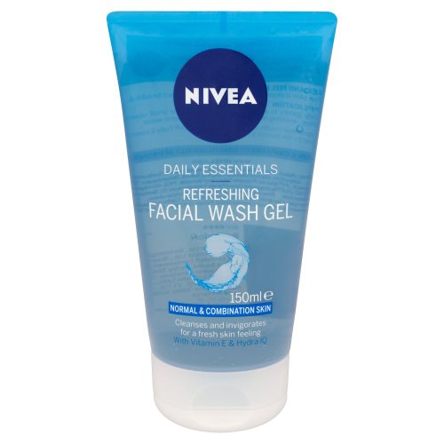 Translucent blue tube with a flip-top cap, labeled "NIVEA Daily Essentials Refreshing Facial Wash Gel," 150ml, designed for normal and combination skin, featuring a wave graphic.