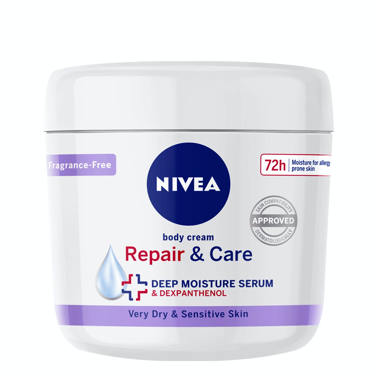 White cream jar with a purple lid, labeled "NIVEA Repair & Care Body Cream 72H," featuring a droplet icon and text highlighting deep moisture serum for very dry, sensitive skin.