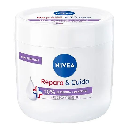 White jar with a blue lid labeled "NIVEA Repara & Cuida," featuring "10% Glicerina + Pantenol" for dry and sensitive skin, with a droplet graphic and "Sin Perfume" text.
