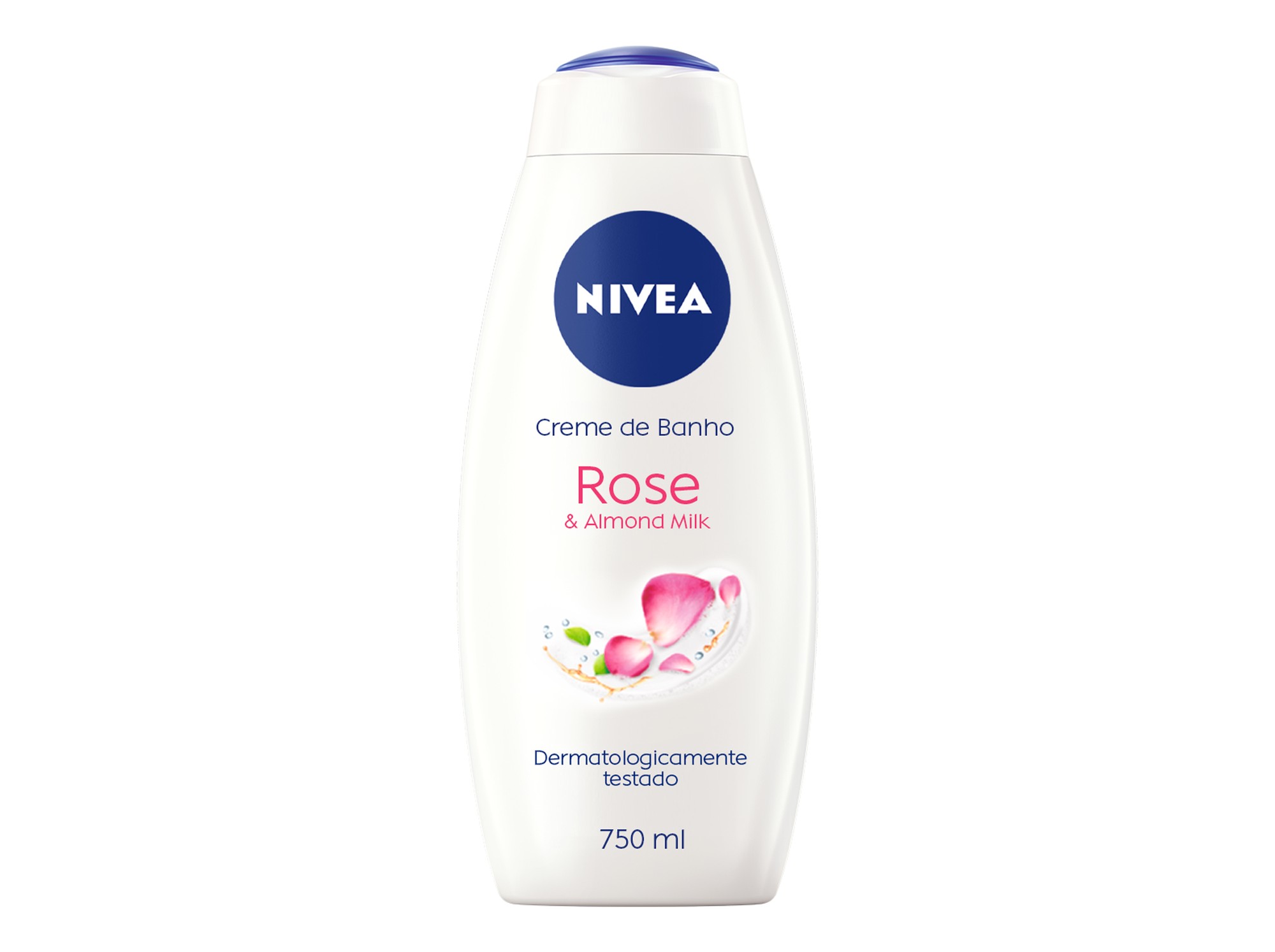White bottle of Nivea's Rose & Almond Milk shower gel, featuring a blue cap, pink floral graphics, and text indicating 750 ml and dermatologically tested.