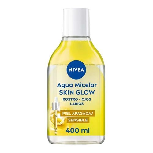 Clear plastic bottle with a yellow liquid, labeled "NIVEA Agua Micelar SKIN GLOW," 400 ml, designed for dull and sensitive skin, featuring a white cap and a dropper illustration.