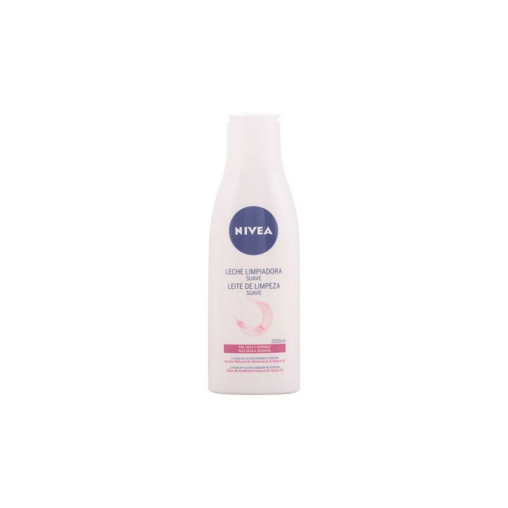 Nivea Gentle Cleansing Milk in a 200ml white bottle with a blue logo and pink text, featuring a smooth, curved design for easy handling.
