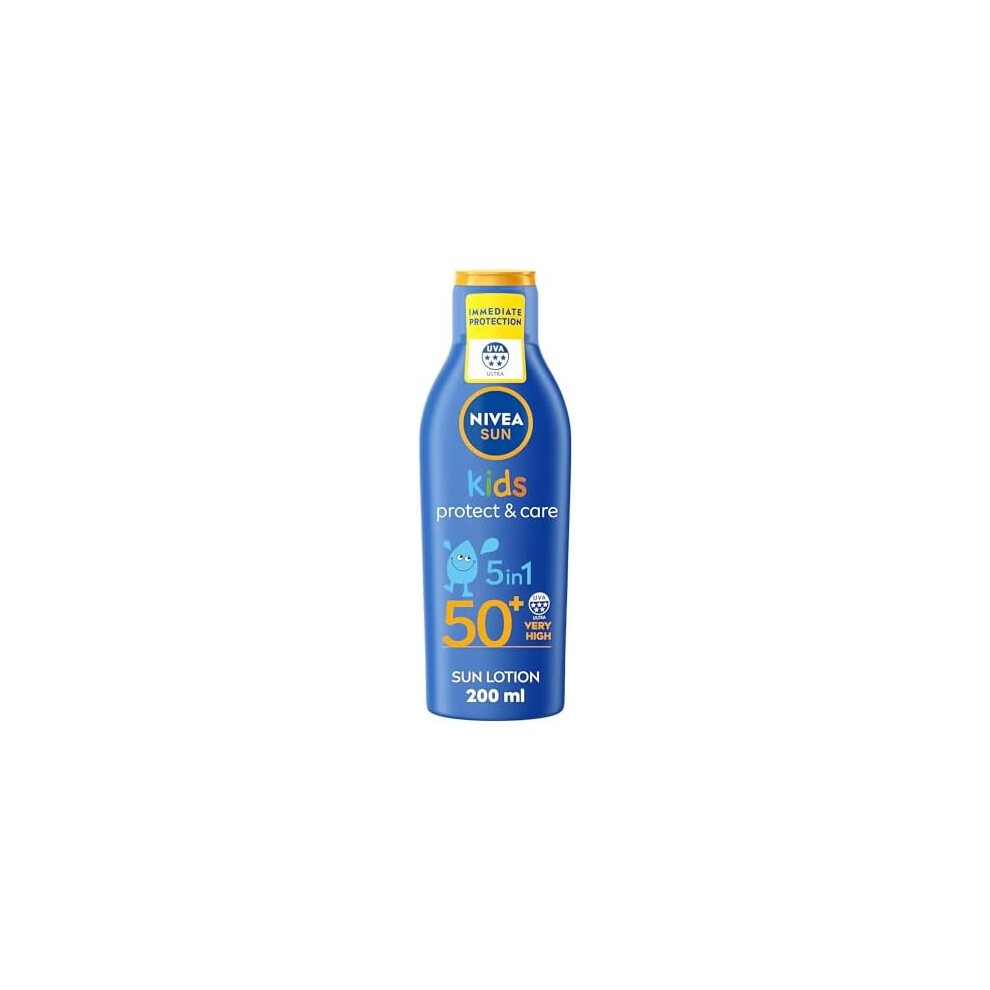 Nivea Sun Kids Protect & Care SPF 50+ lotion in a blue plastic bottle, featuring a yellow cap and playful graphics, with a 200ml capacity and 5-in-1 protection benefits.