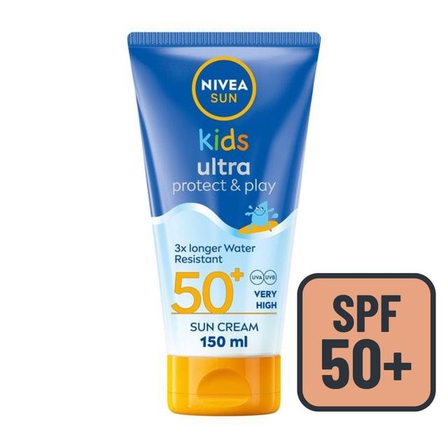 Nivea children's sun cream tube in blue and yellow, featuring "Protect & Play" and "SPF 50+" prominently, with a playful design and 150 ml capacity.