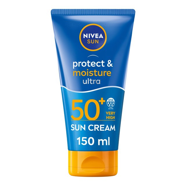 Nivea Ultra Protect & Moisture SPF50+ sun cream in a blue and orange tube, featuring a flip-top cap and 150ml label, highlighting UVA protection and moisture benefits.