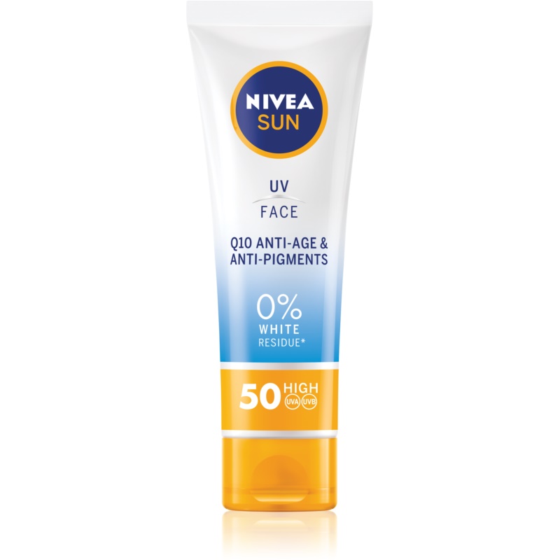 NIVEA SUN Anti-wrinkle Sunscreen SPF 50 in a white and blue tube with orange accents, featuring "Q10 Anti-Age & Anti-Pigments" text and a 50 high SPF label.