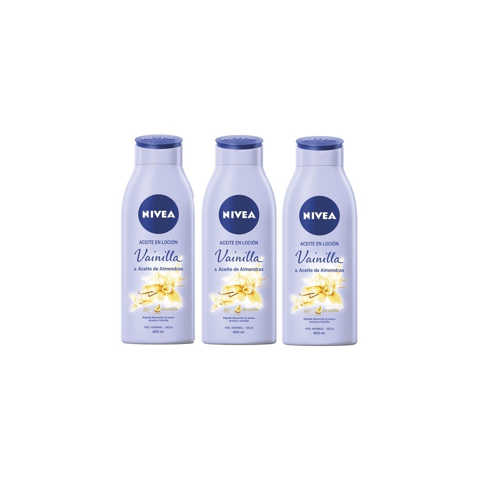 Three bottles of Nivea Oil in Lotion, each 400ml, featuring a light purple design with vanilla and almond oil imagery, labeled for normal to dry skin.
