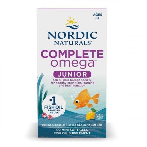 Nordic Naturals Complete Omega Junior box in light purple featuring a cartoon fish, highlighting 283mg of omega-3s, with 180 mini softgels for ages 6 and up.