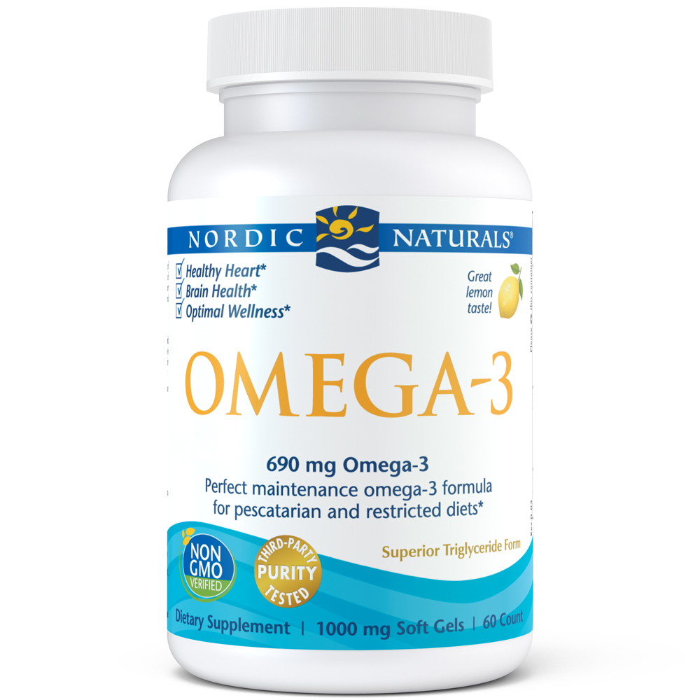 White bottle with a blue label featuring "OMEGA-3" in bold letters, containing 60 softgels, highlighted benefits for heart and brain health, and a non-GMO verification logo.