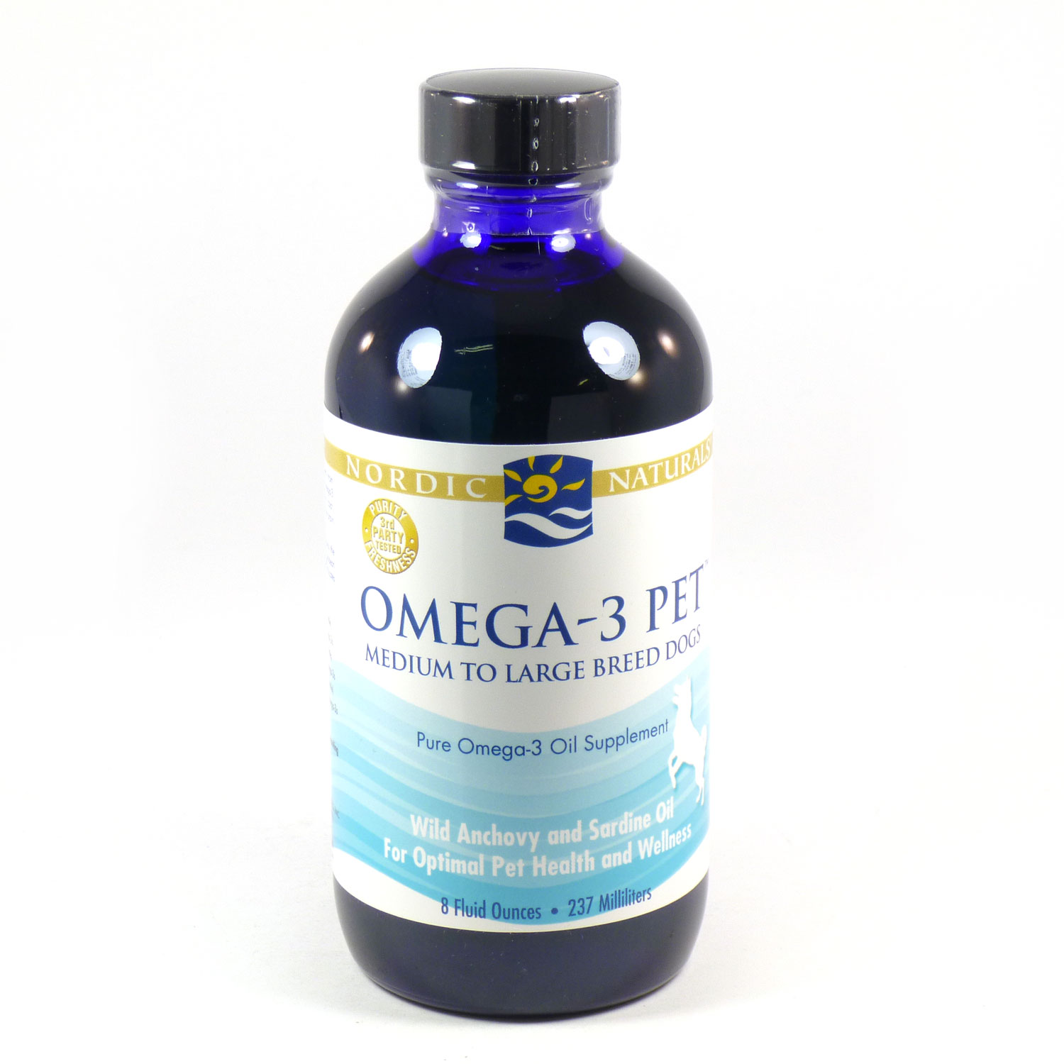 Blue glass bottle of Nordic Naturals Omega-3 Pet, featuring a white label with yellow and blue accents, stating "Medium to Large Breed Dogs" and "Pure Omega-3 Oil Supplement."