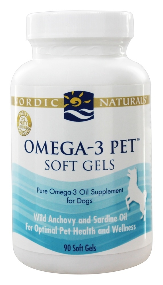 White bottle with a blue label, featuring the text "Omega-3 Pet" and a graphic of a dog, containing 90 soft gels of pure Omega-3 oil supplement for pets.