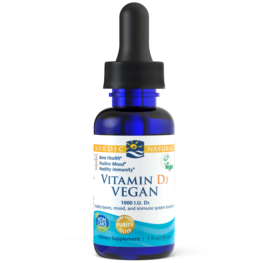 Blue glass dropper bottle with a black lid, labeled "Vitamin D3 Vegan" by Nordic Naturals, highlighting benefits for bone health and immunity, 1 oz size.