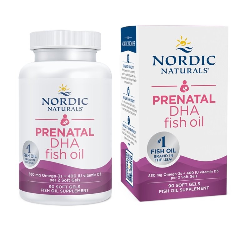 White bottle with a blue and yellow label, featuring "Nordic Naturals Prenatal DHA" in pink text, alongside a matching box, both highlighting 90 softgels and omega-3 content.