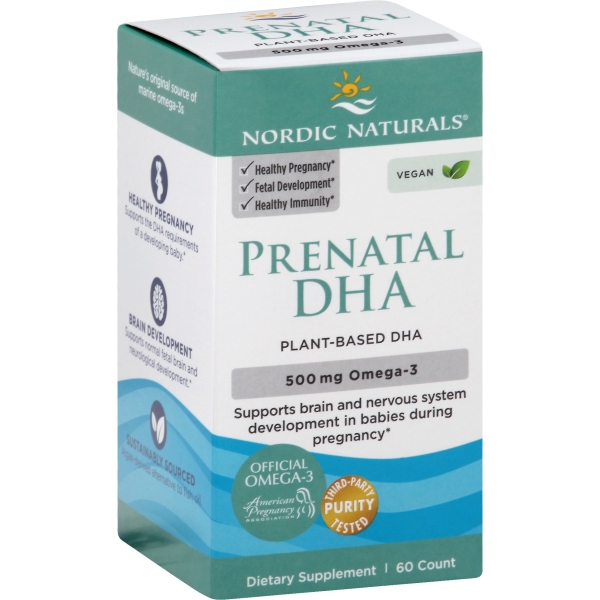 Vegan prenatal DHA softgels in a teal and white box, featuring "Prenatal DHA" text, highlights benefits like brain development, and contains 60 softgels.