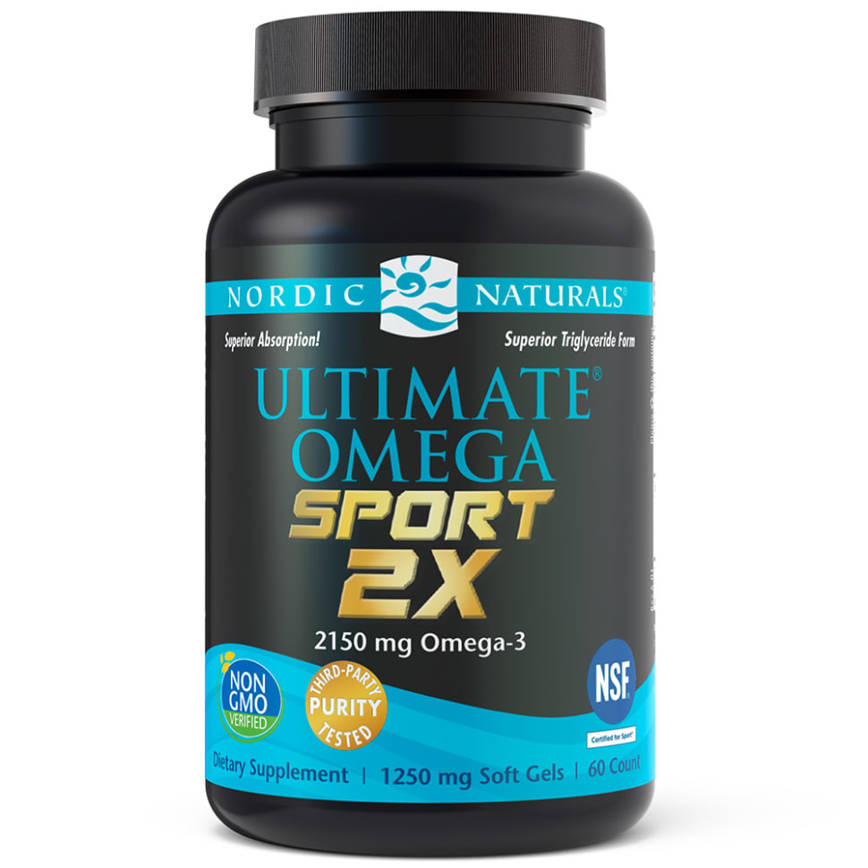 Black plastic bottle with a blue and white label, featuring "Ultimate Omega Sport 2X" in bold letters, containing 60 soft gels, each with 1,075 mg of Omega-3.