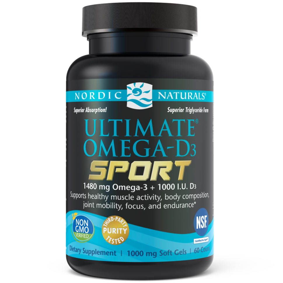 Black bottle with a blue label, featuring "Ultimate Omega-D3 Sport" in bold white text, containing 60 softgels, highlighting 1480 mg Omega-3 and 1000 IU D3, marked Non-GMO and NSF certified.