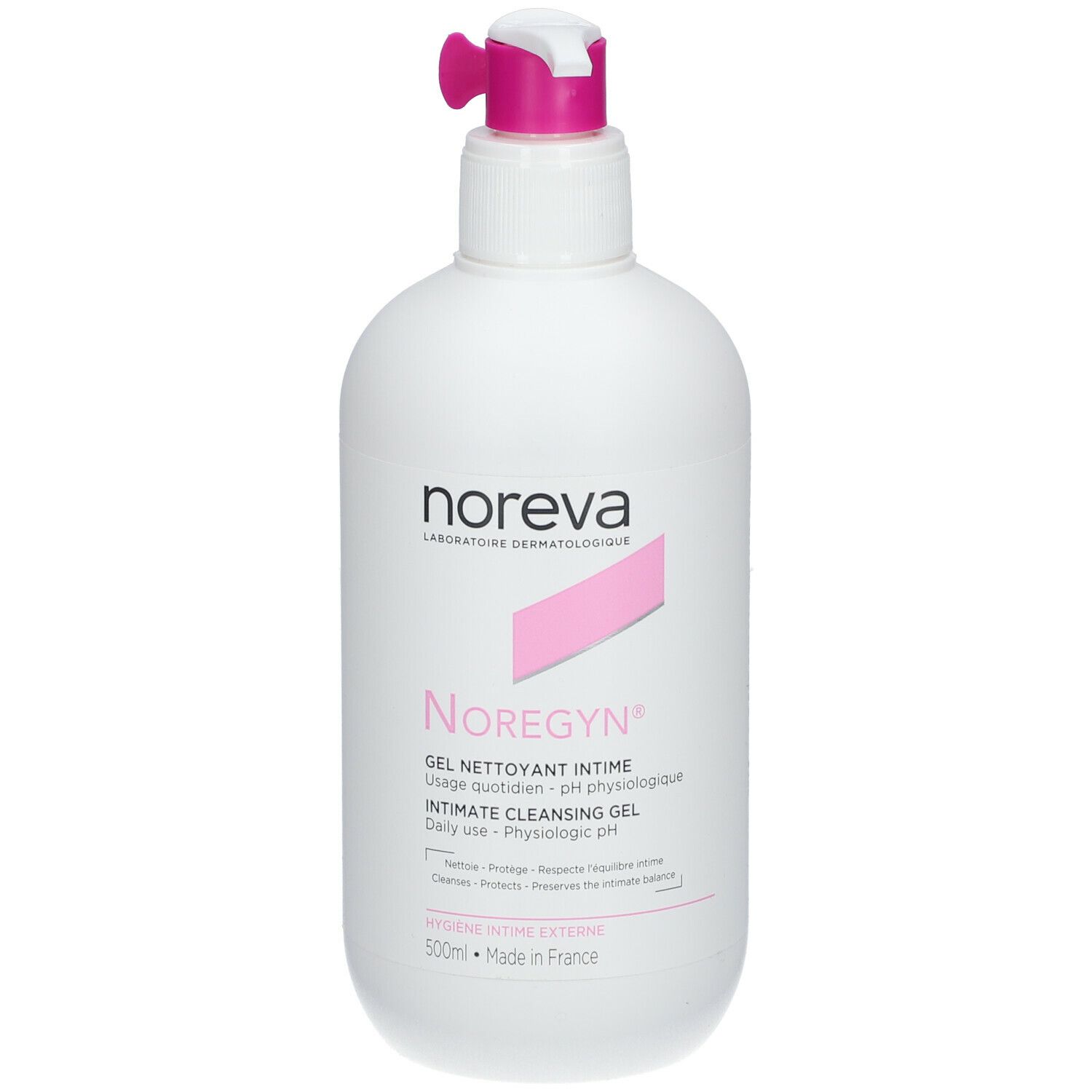 White plastic bottle with a pink pump top, labeled "NOREGYN" in bold letters, featuring a pink stripe and text highlighting its use as an intimate cleansing gel, 500 ml size.