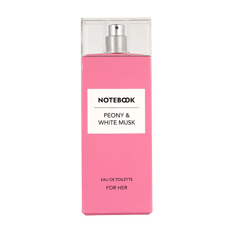 Bright pink rectangular bottle with a clear cap, featuring a white label that reads "NOTEBOOK PEONY & WHITE MUSK" and "Eau de Toilette FOR HER" in elegant font.