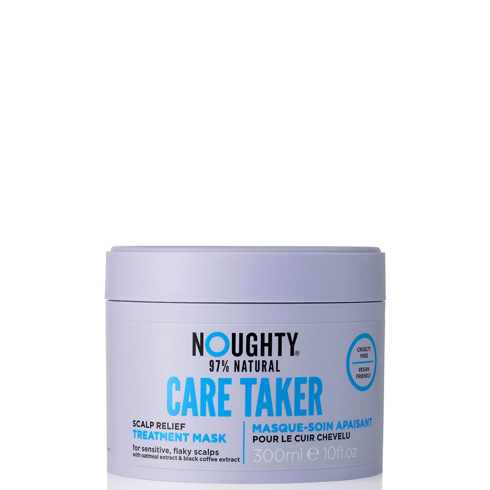 Light purple round jar labeled "Noughty Care Taker Scalp Relief Mask," featuring a white lid, 300ml capacity, and notes of being 97% natural and cruelty-free.