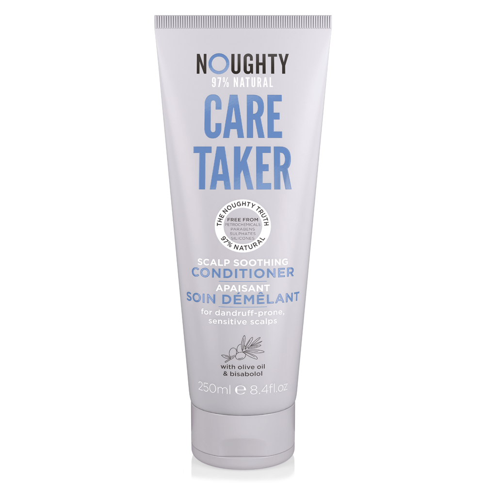 White tube of Noughty Care Taker Scalp Soothing Conditioner, 250ml, featuring blue text, with olive oil and bisabolol, designed for dandruff-prone, sensitive scalps.