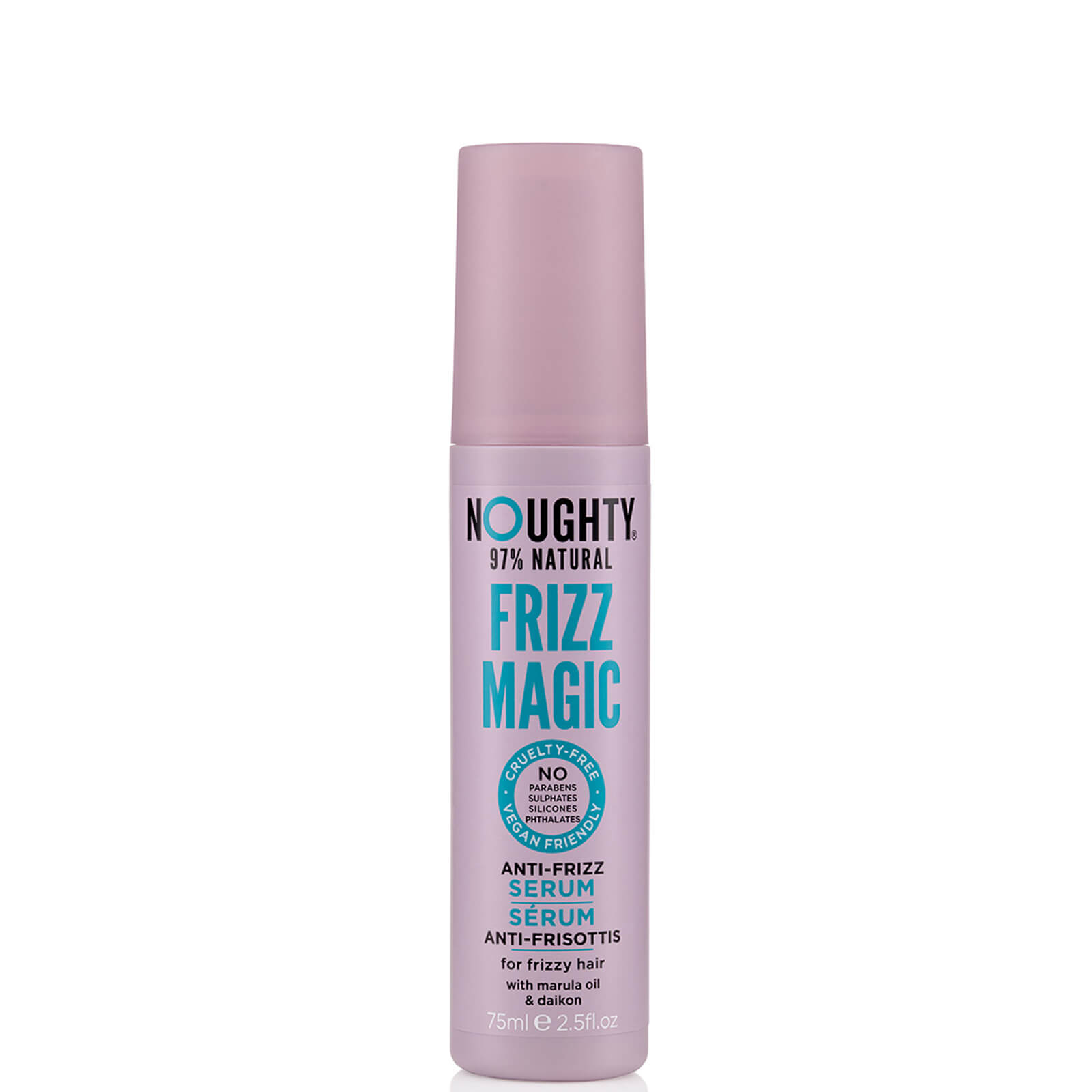 Noughty Frizz Magic Serum in a 75ml bottle features a light purple design with a pump top, labeled as an anti-frizz serum for frizzy hair, emphasizing its 97% natural ingredients.
