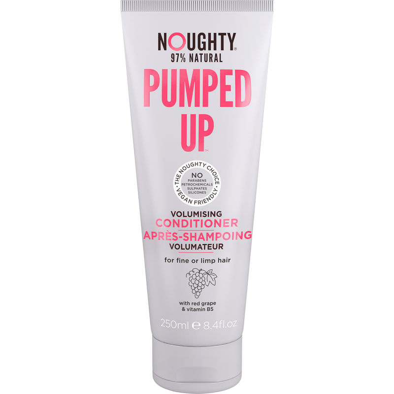 Squeezable white tube of "Pumped Up Conditioner" by Noughty, featuring pink text, 250ml size, and a design highlighting natural ingredients for fine or limp hair.