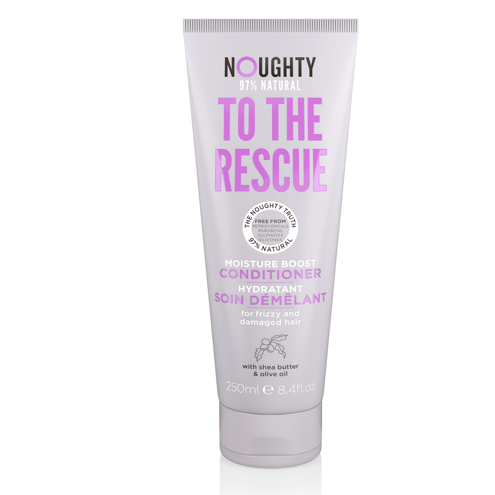 Light purple tube of Noughty "To the Rescue" Conditioner, 250ml, featuring a sleek design with white text, highlighting its natural ingredients and moisture-boosting properties.